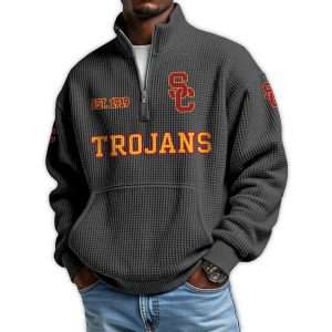 Trojans Football Est 1919 Waffle Stand Collar Half Zip Sweatshirt