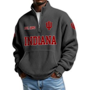 Indiana Football Est 1890 Waffle Stand Collar Half Zip Sweatshirt1
