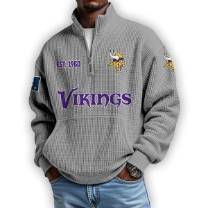 Vikings Est 1960 Waffle Stand Collar Half Zip Sweatshirt2