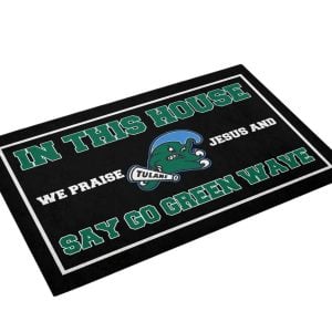 In This House We Praise Jesus and Say Go Green Wave Doormat1