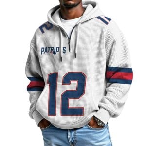 Tom Brady 12 New England Football Quarter Zip Waffle Hoodie1