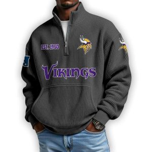 Vikings Est 1960 Waffle Stand Collar Half Zip Sweatshirt1
