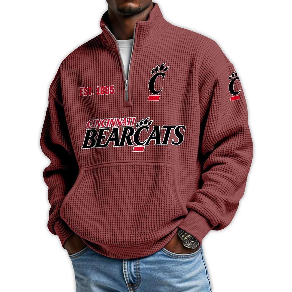 Bearcats Football Est 1885 Waffle Stand Collar Half Zip Sweatshirt Bearcats Football Est 1885 Waffle Stand Collar Half Zip Sweatshirt