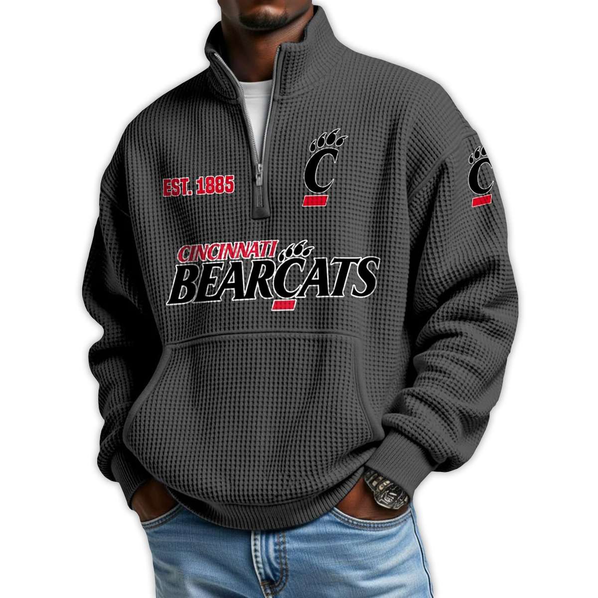 Bearcats Football Est 1885 Waffle Stand Collar Half Zip Sweatshirt Bearcats Football Est 1885 Waffle Stand Collar Half Zip Sweatshirt