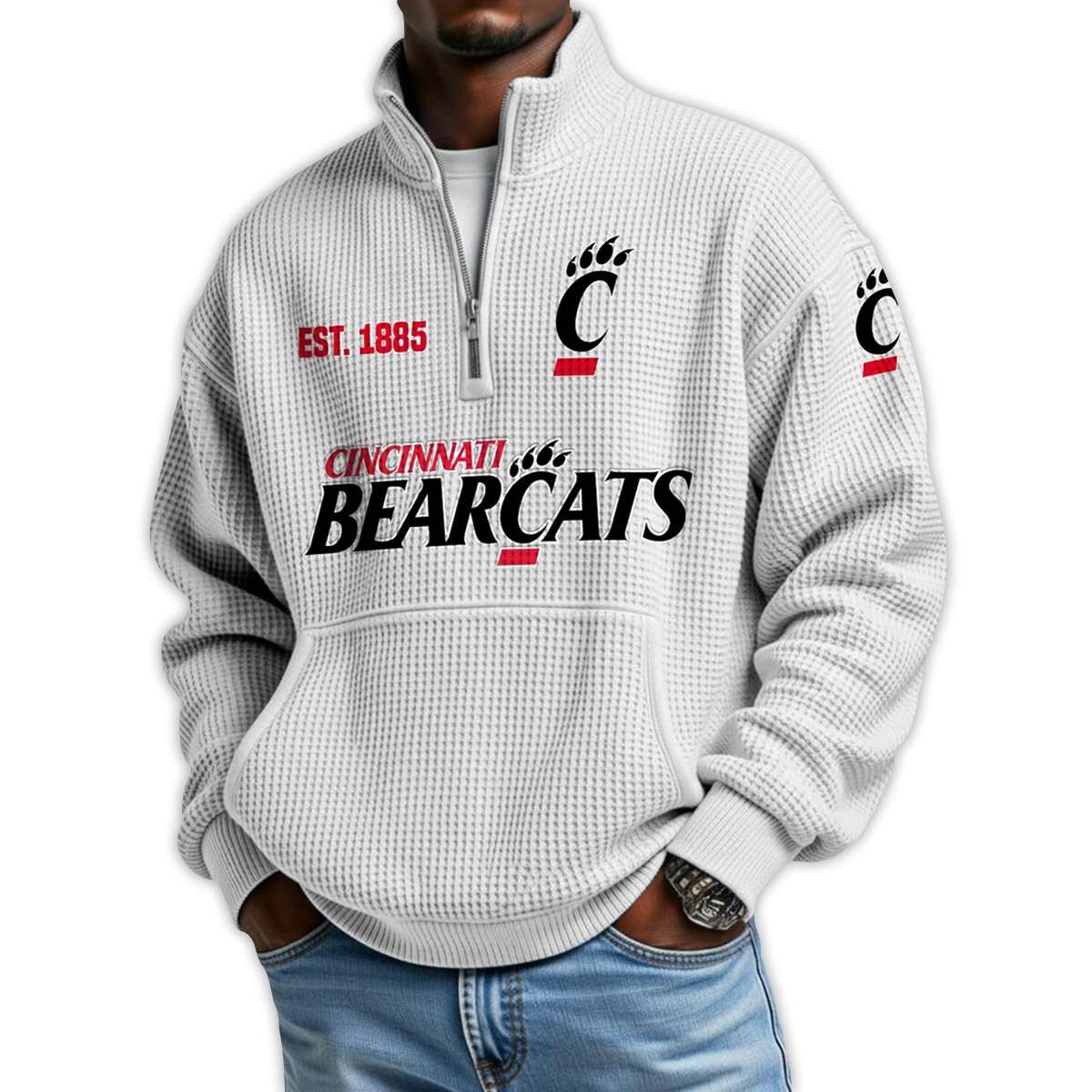 Bearcats Football Est 1885 Waffle Stand Collar Half Zip Sweatshirt Bearcats Football Est 1885 Waffle Stand Collar Half Zip Sweatshirt