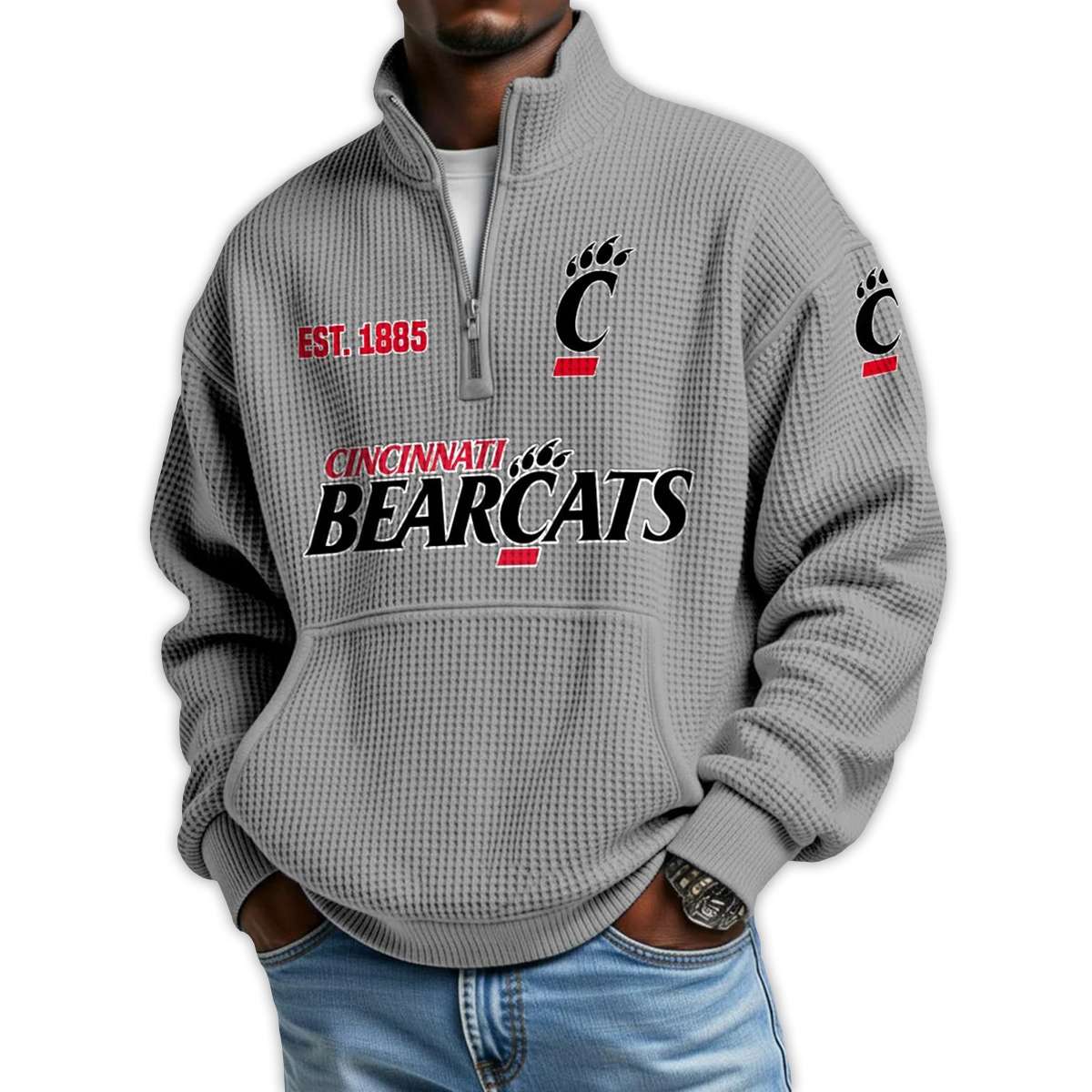 Bearcats Football Est 1885 Waffle Stand Collar Half Zip Sweatshirt Bearcats Football Est 1885 Waffle Stand Collar Half Zip Sweatshirt