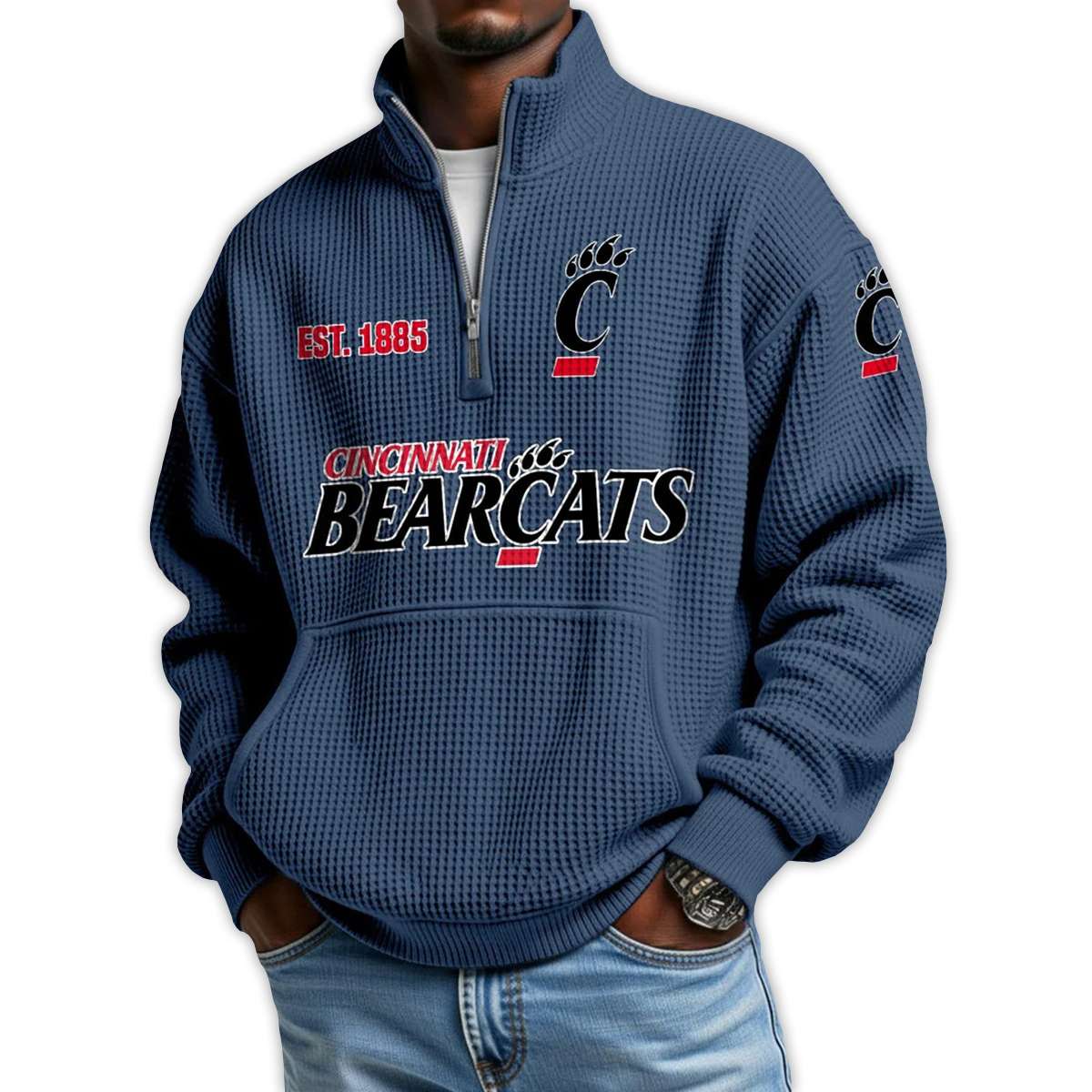 Bearcats Football Est 1885 Waffle Stand Collar Half Zip Sweatshirt Bearcats Football Est 1885 Waffle Stand Collar Half Zip Sweatshirt