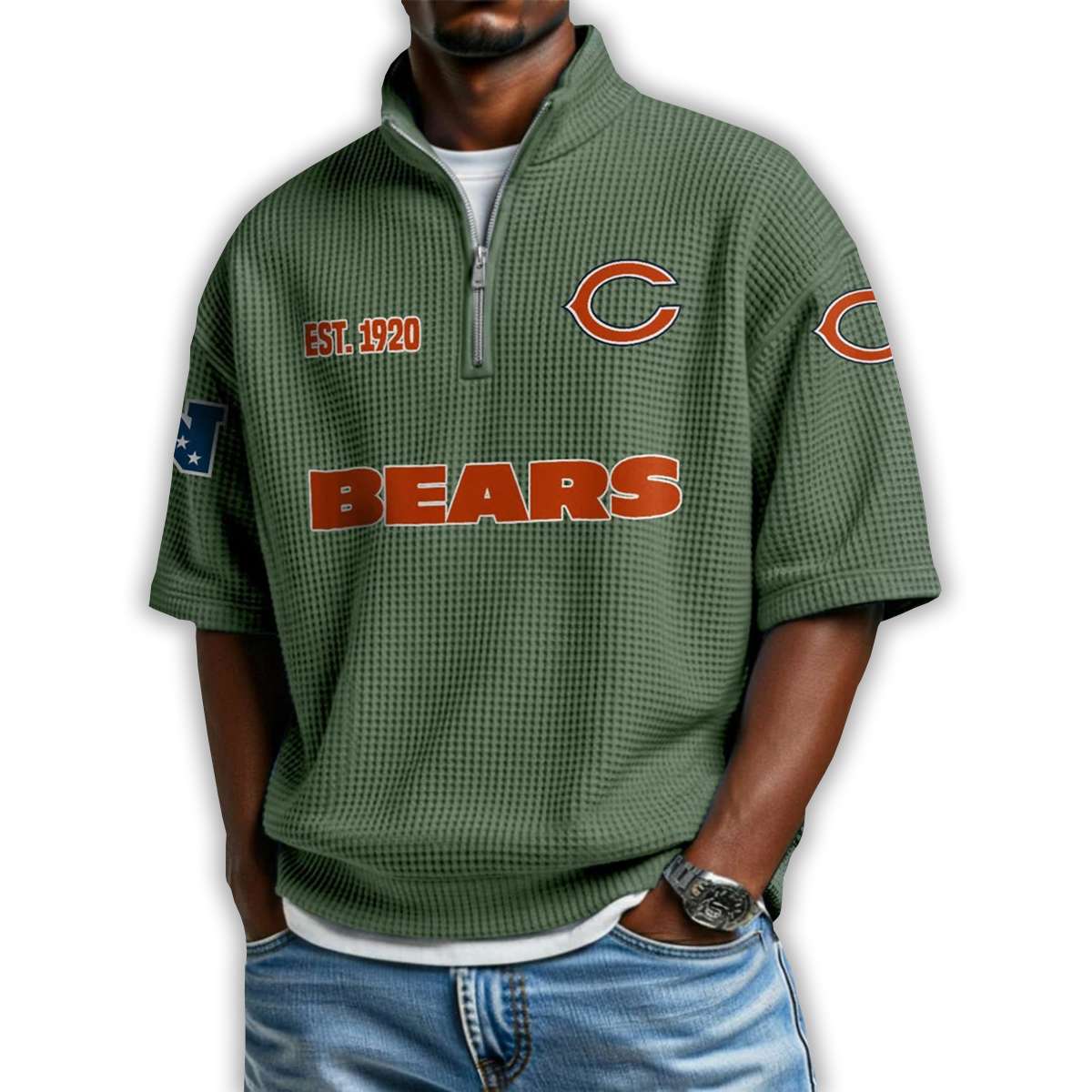 Bears Est 1920 Waffle Stand Collar Half Zip Polo Shirt Bears Est 1920 Waffle Stand Collar Half Zip Polo Shirt