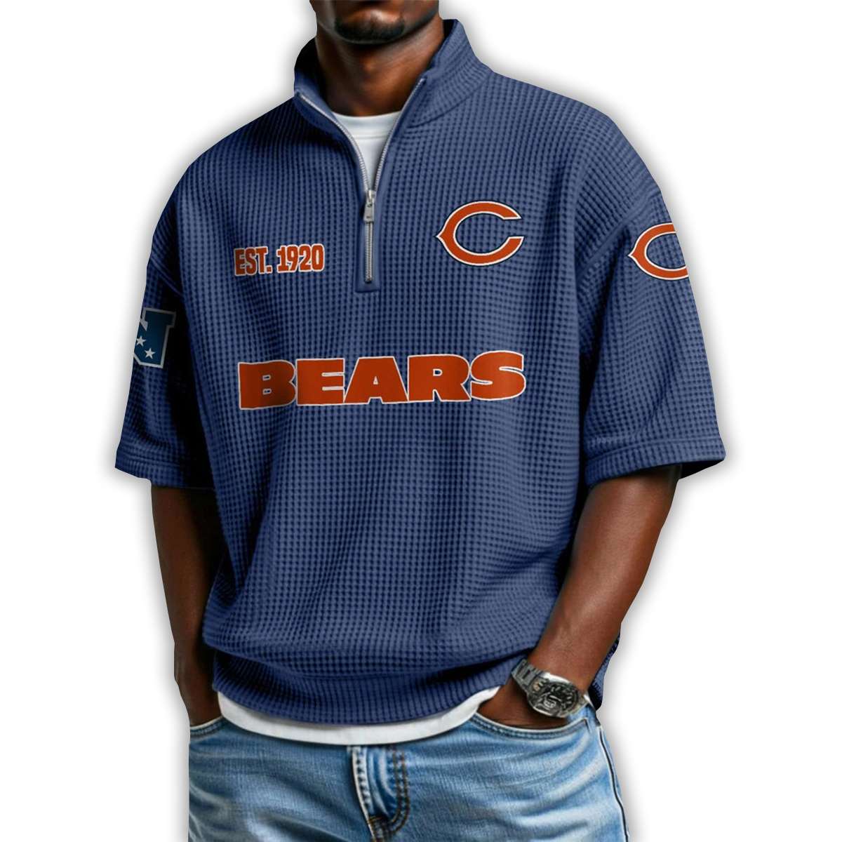 Bears Est 1920 Waffle Stand Collar Half Zip Polo Shirt Bears Est 1920 Waffle Stand Collar Half Zip Polo Shirt
