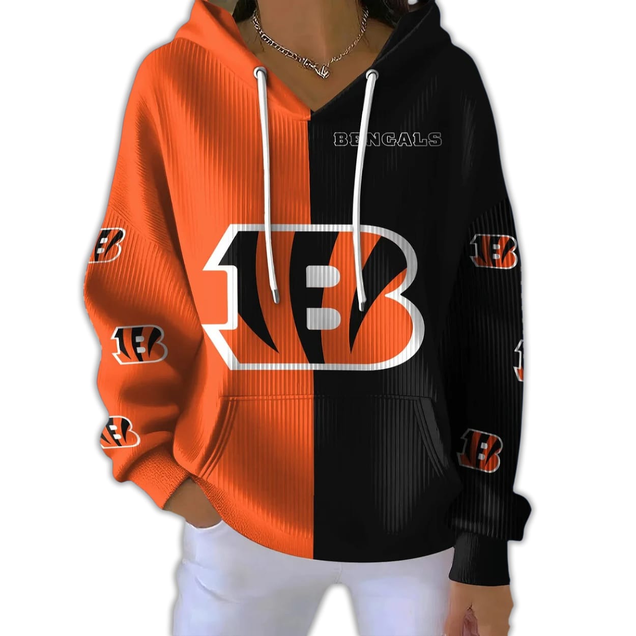 Bengals Football Split Ribbed Hooded Sweater Bengals Football Split Ribbed Hooded Sweater
