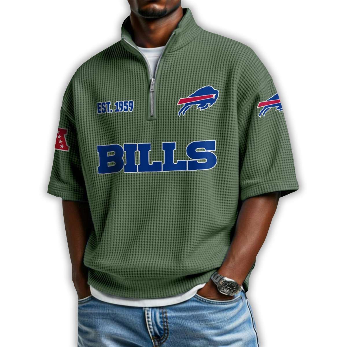 Bills Est 1959 Waffle Stand Collar Half Zip Polo Shirt Bills Est 1959 Waffle Stand Collar Half Zip Polo Shirt