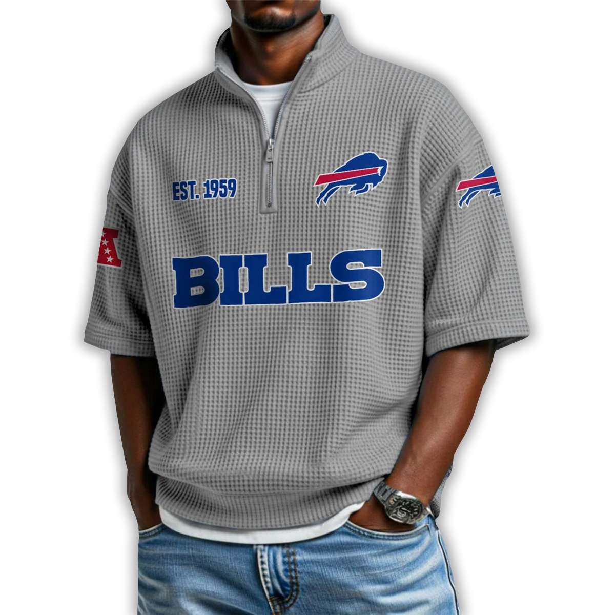 Bills Est 1959 Waffle Stand Collar Half Zip Polo Shirt Bills Est 1959 Waffle Stand Collar Half Zip Polo Shirt