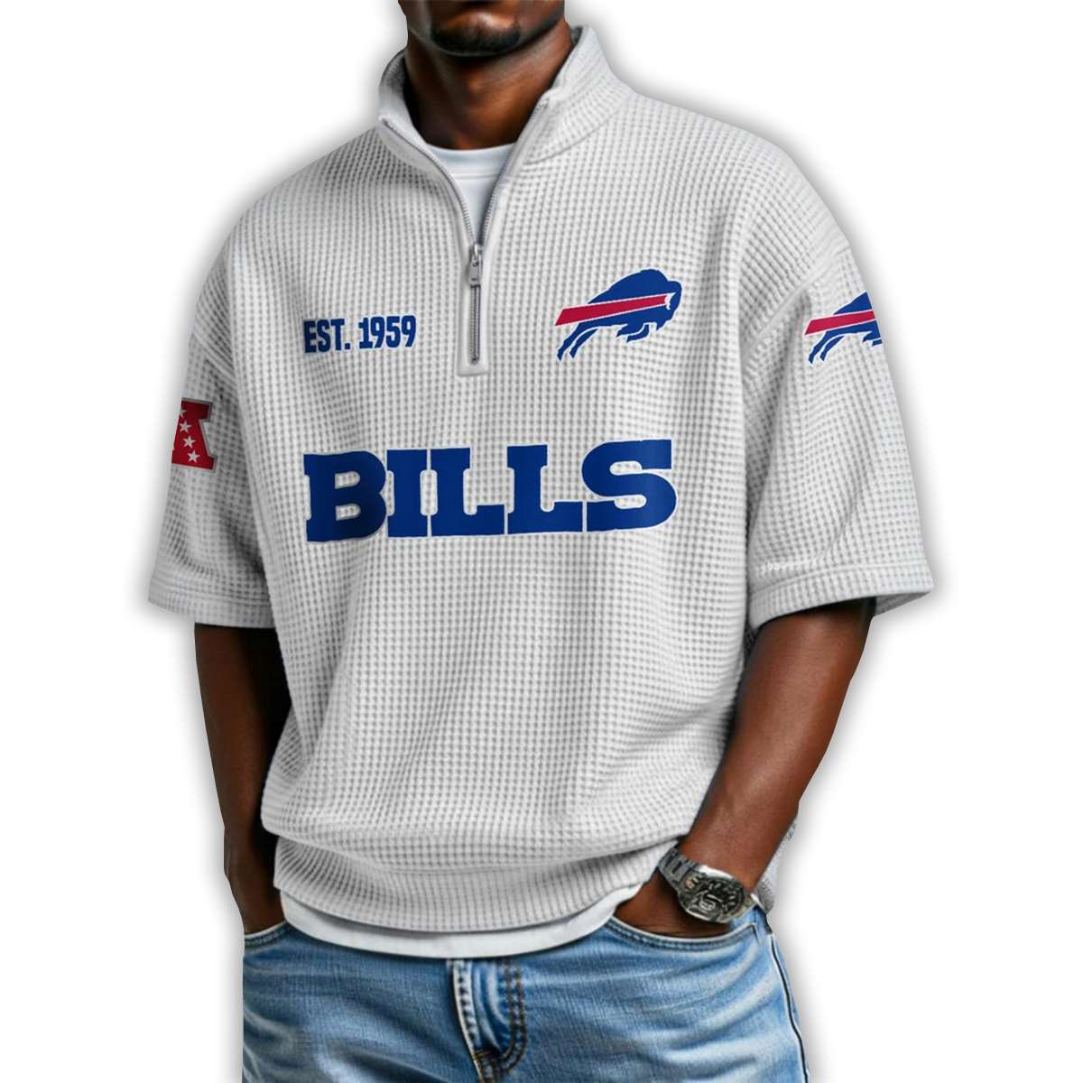 Bills Est 1959 Waffle Stand Collar Half Zip Polo Shirt Bills Est 1959 Waffle Stand Collar Half Zip Polo Shirt