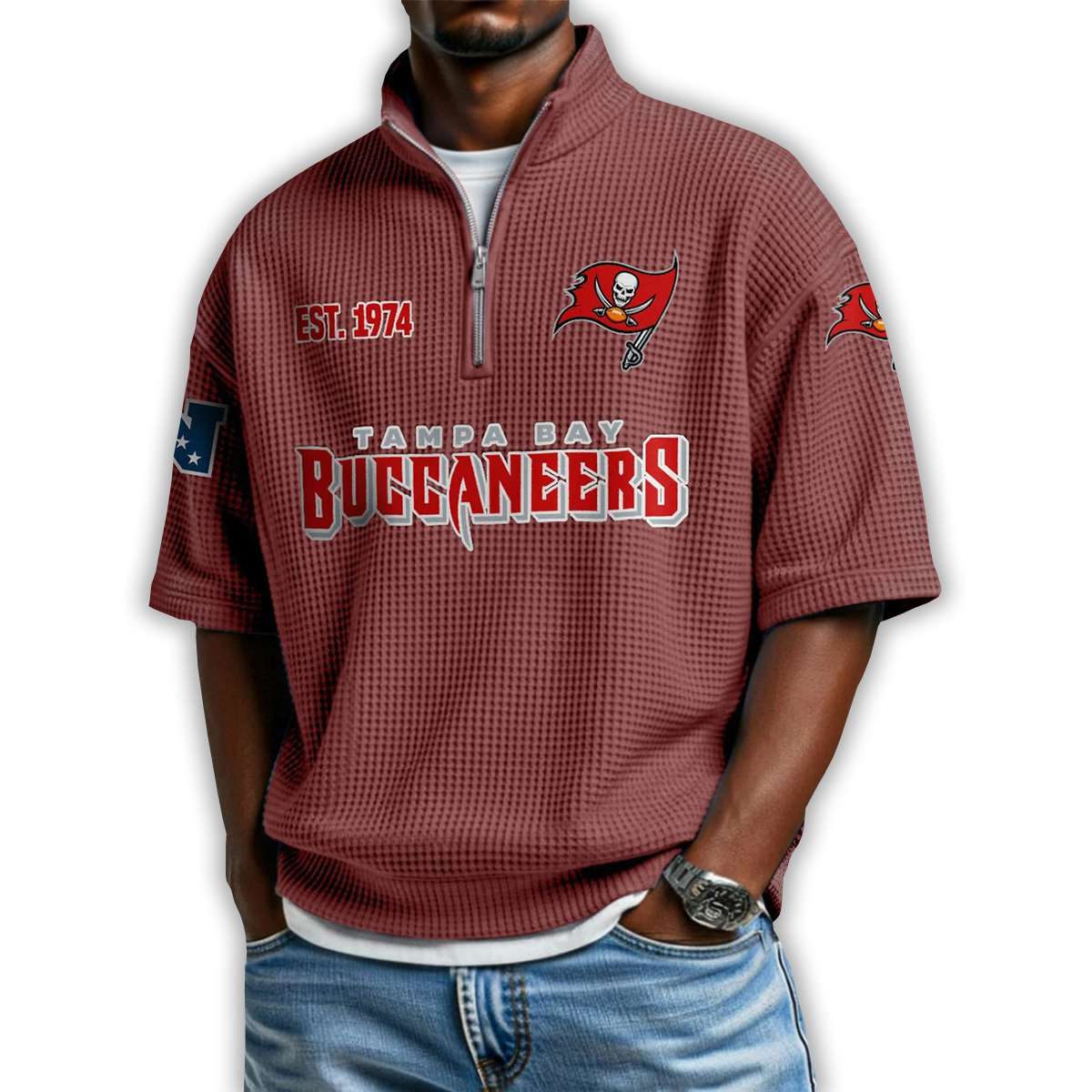 Buccaneers Est 1974 Waffle Stand Collar Half Zip Polo Shirt Buccaneers Est 1974 Waffle Stand Collar Half Zip Polo Shirt