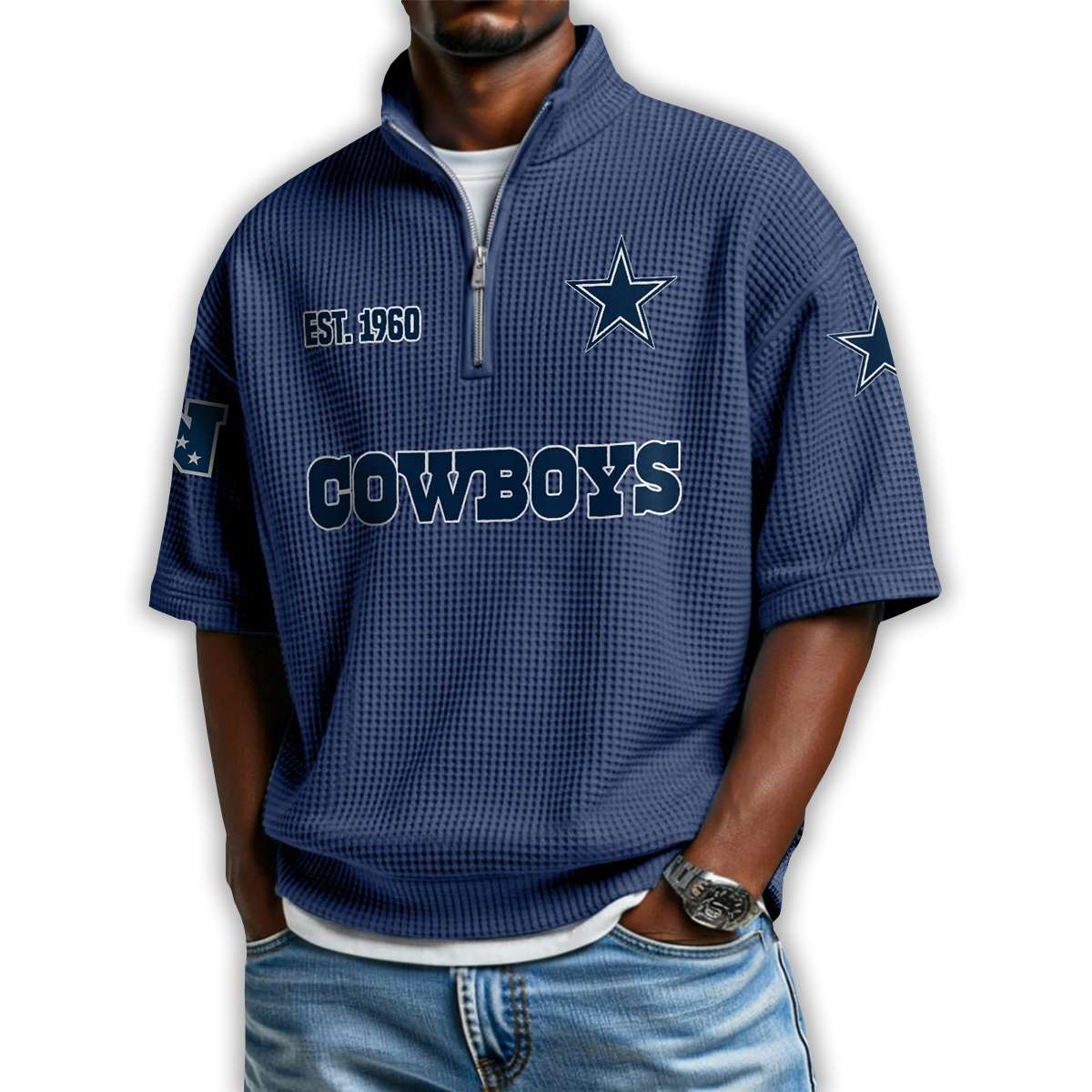 Cowboys Est 1960 Waffle Stand Collar Half Zip Polo Shirt Cowboys Est 1960 Waffle Stand Collar Half Zip Polo Shirt