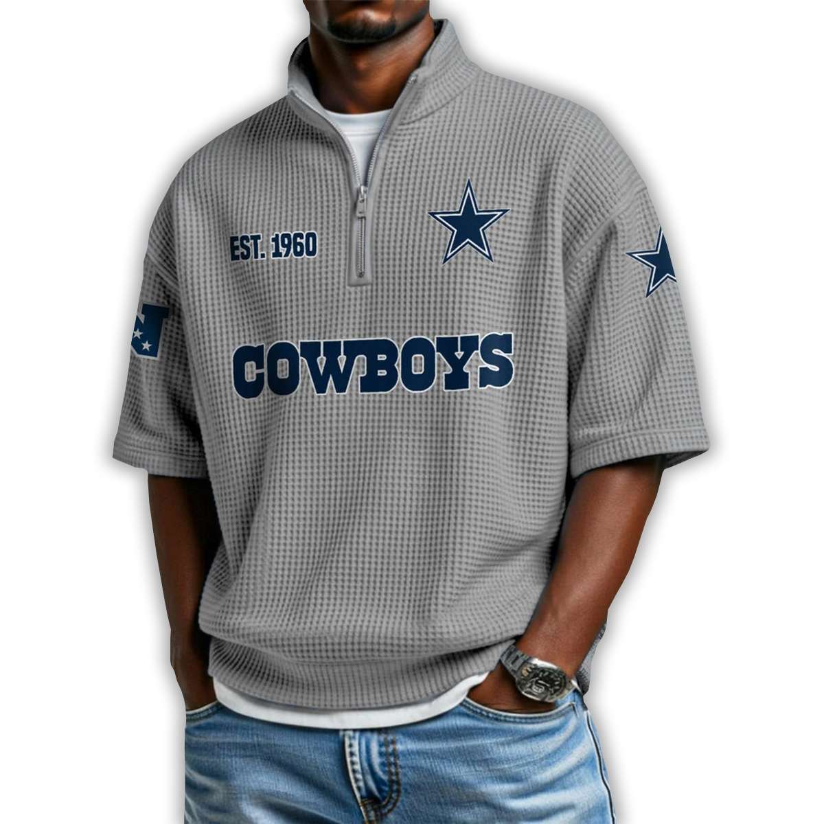 Cowboys Est 1960 Waffle Stand Collar Half Zip Polo Shirt Cowboys Est 1960 Waffle Stand Collar Half Zip Polo Shirt