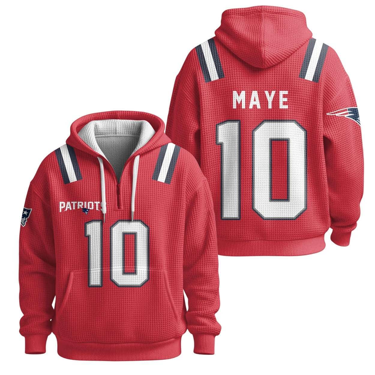 Drake Maye 10 Patriots Quarter Zip Waffle Hoodie Drake Maye 10 Patriots Quarter Zip Waffle Hoodie