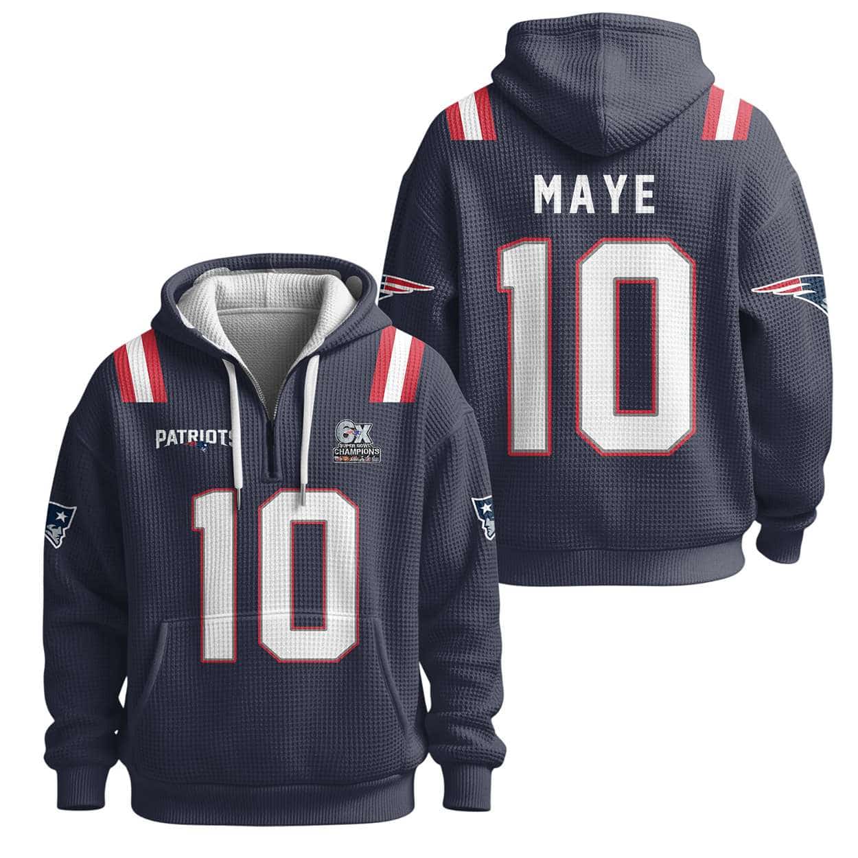 Drake Maye Patriots 6x SBowl Quarter Zip Waffle Hoodie Drake Maye Patriots 6x SBowl Quarter Zip Waffle Hoodie