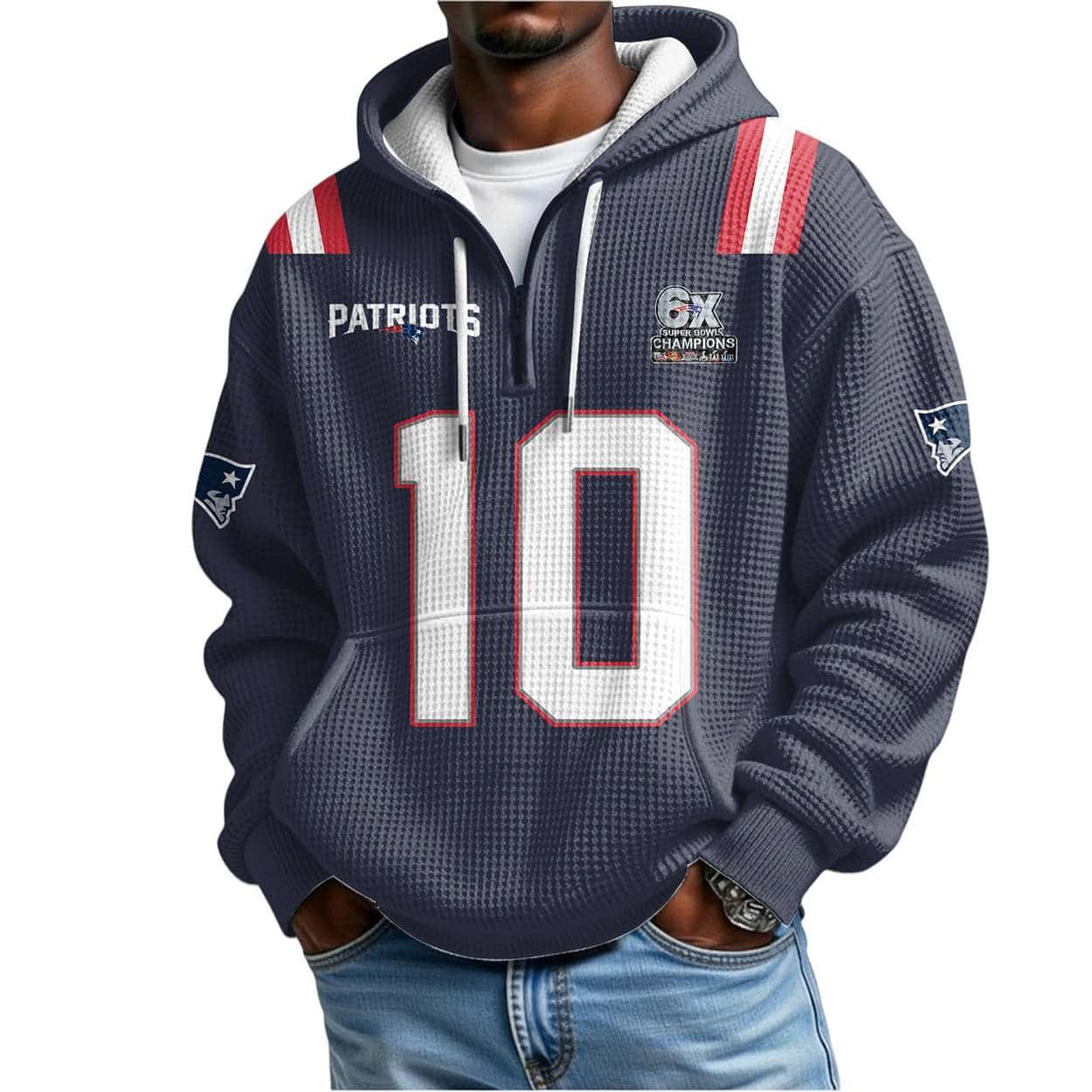 Drake Maye Patriots 6x SBowl Quarter Zip Waffle Hoodie Drake Maye Patriots 6x SBowl Quarter Zip Waffle Hoodie