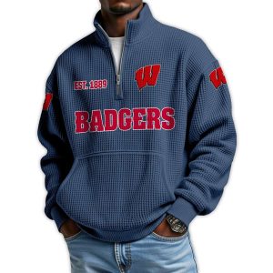 Badgers Football Est 1889 Waffle Stand Collar Half Zip Sweatshirt3