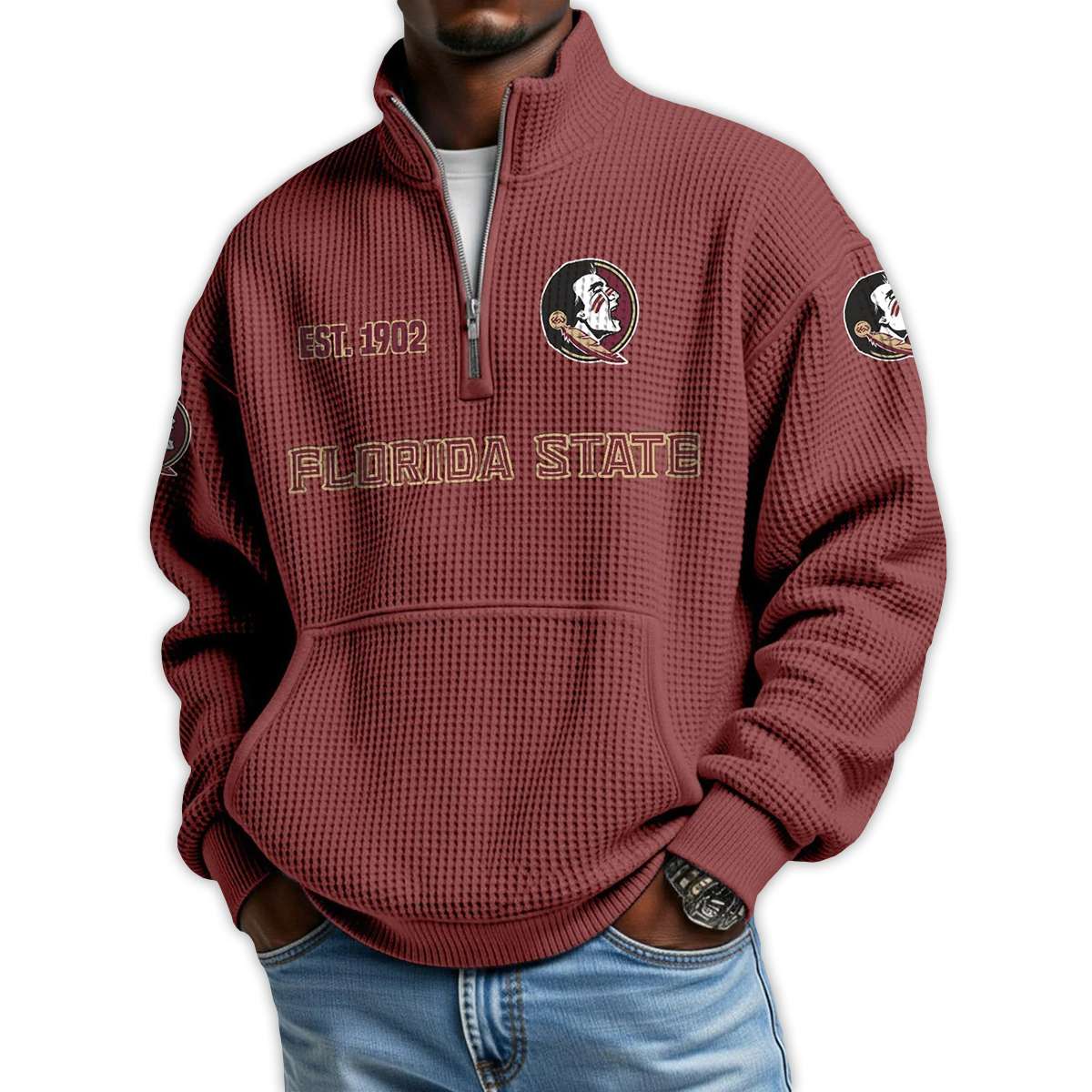 Florida State Football Est 1902 Waffle Stand Collar Half Zip Sweatshirt Florida State Football Est 1902 Waffle Stand Collar Half Zip Sweatshirt