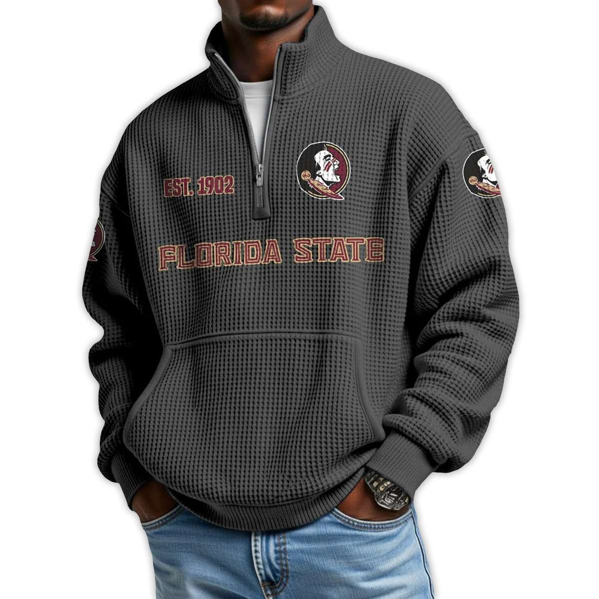 Florida State Football Est 1902 Waffle Stand Collar Half Zip Sweatshirt Florida State Football Est 1902 Waffle Stand Collar Half Zip Sweatshirt