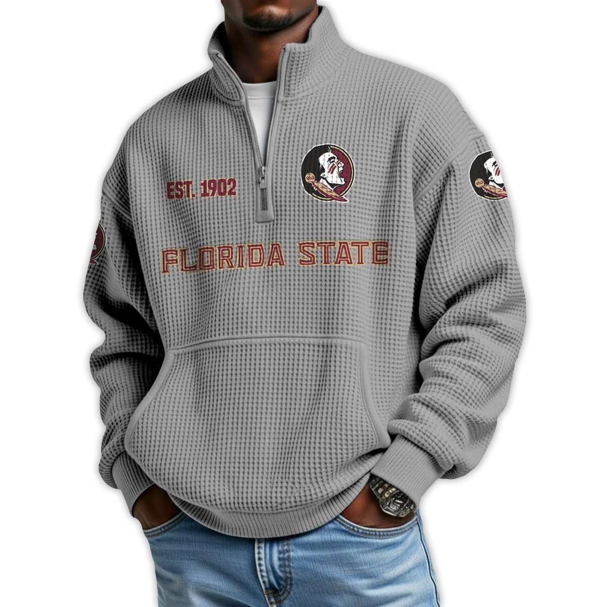 Florida State Football Est 1902 Waffle Stand Collar Half Zip Sweatshirt Florida State Football Est 1902 Waffle Stand Collar Half Zip Sweatshirt