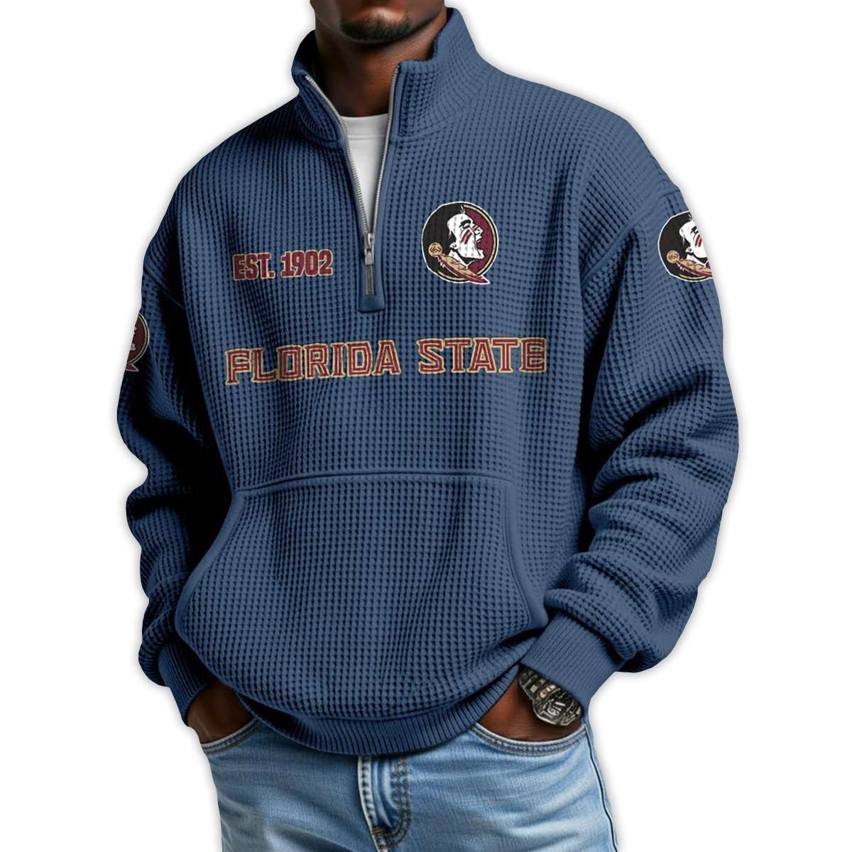 Florida State Football Est 1902 Waffle Stand Collar Half Zip Sweatshirt Florida State Football Est 1902 Waffle Stand Collar Half Zip Sweatshirt