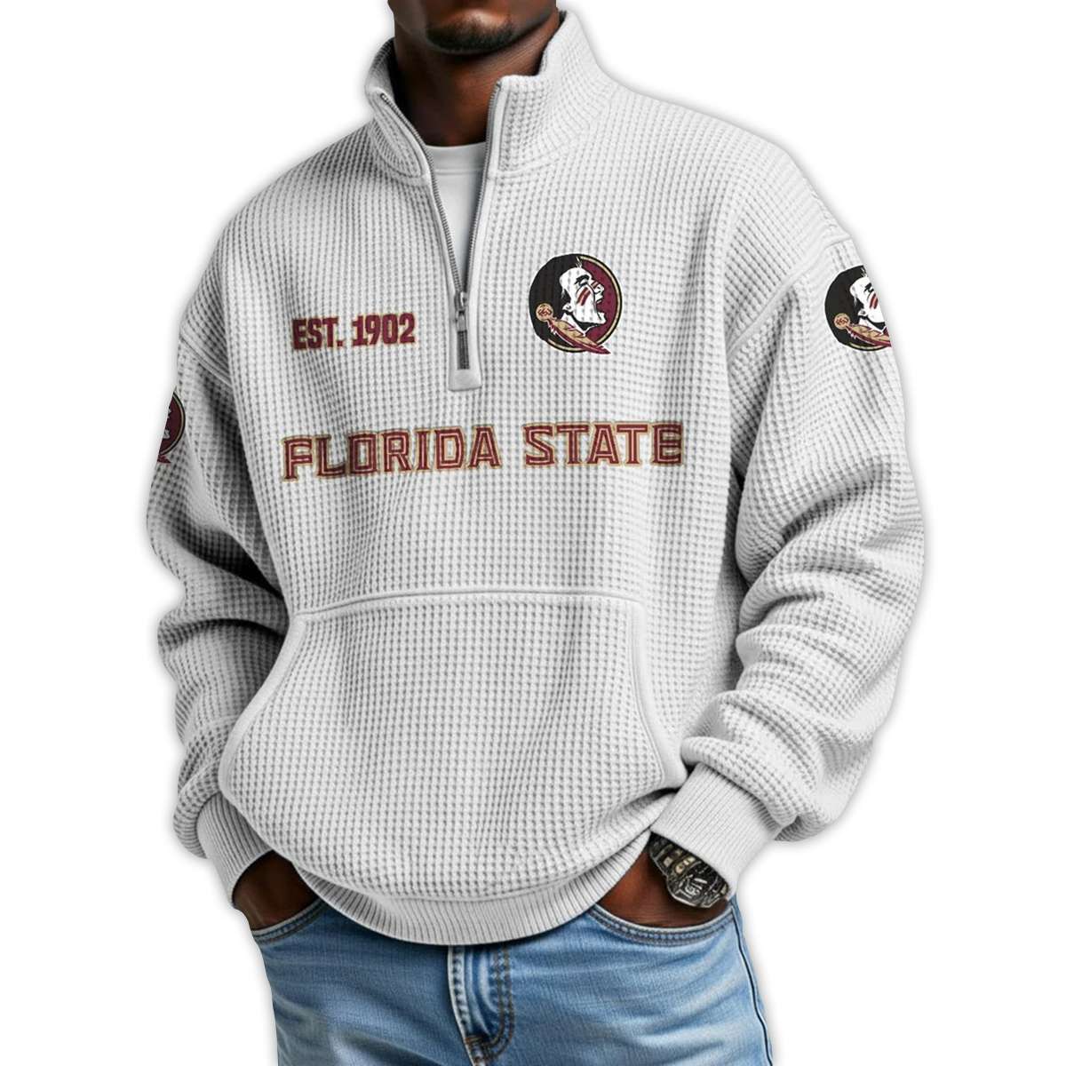Florida State Football Est 1902 Waffle Stand Collar Half Zip Sweatshirt Florida State Football Est 1902 Waffle Stand Collar Half Zip Sweatshirt