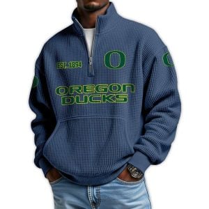 Ducks Football Est 1894 Waffle Stand Collar Half Zip Sweatshirt3