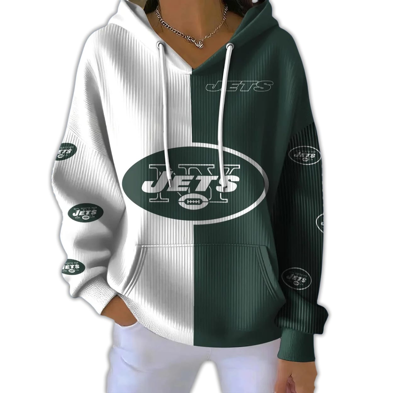 Jets Football Split Ribbed Hooded Sweater Jets Football Split Ribbed Hooded Sweater
