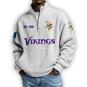 Vikings Est 1960 Waffle Stand Collar Half Zip Sweatshirt4