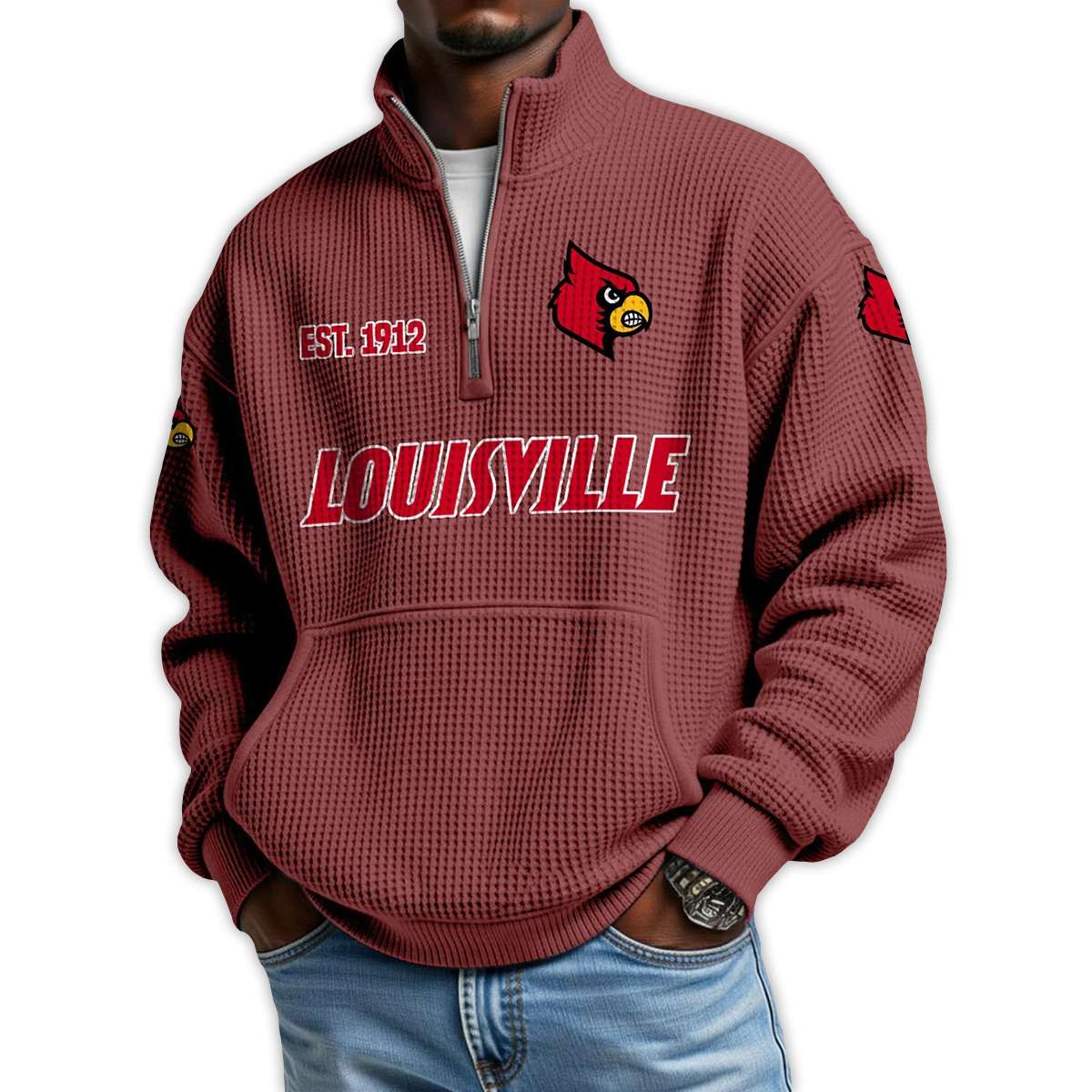 Louisville Football Est 1912 Waffle Stand Collar Half Zip Sweatshirt Louisville Football Est 1912 Waffle Stand Collar Half Zip Sweatshirt