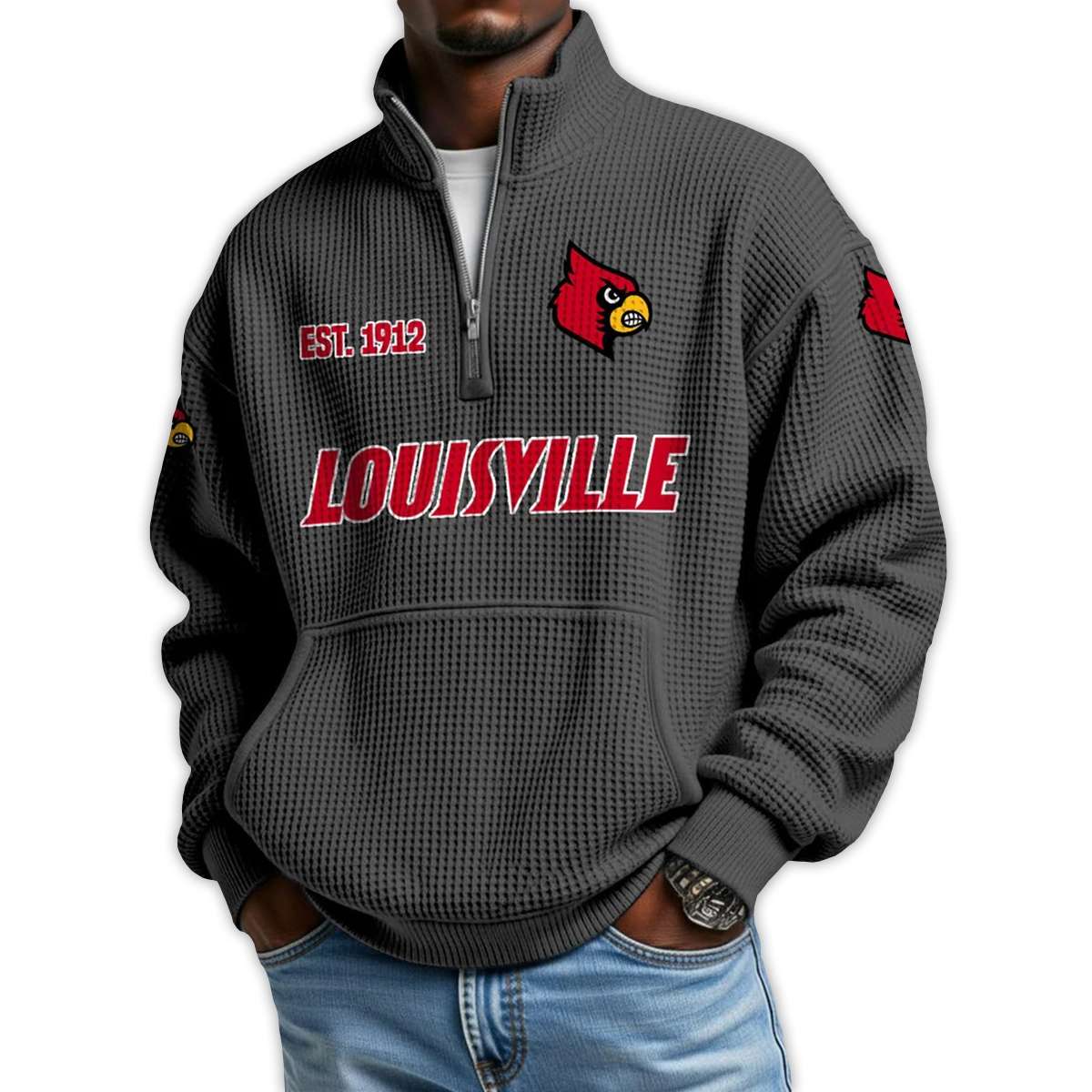 Louisville Football Est 1912 Waffle Stand Collar Half Zip Sweatshirt Louisville Football Est 1912 Waffle Stand Collar Half Zip Sweatshirt