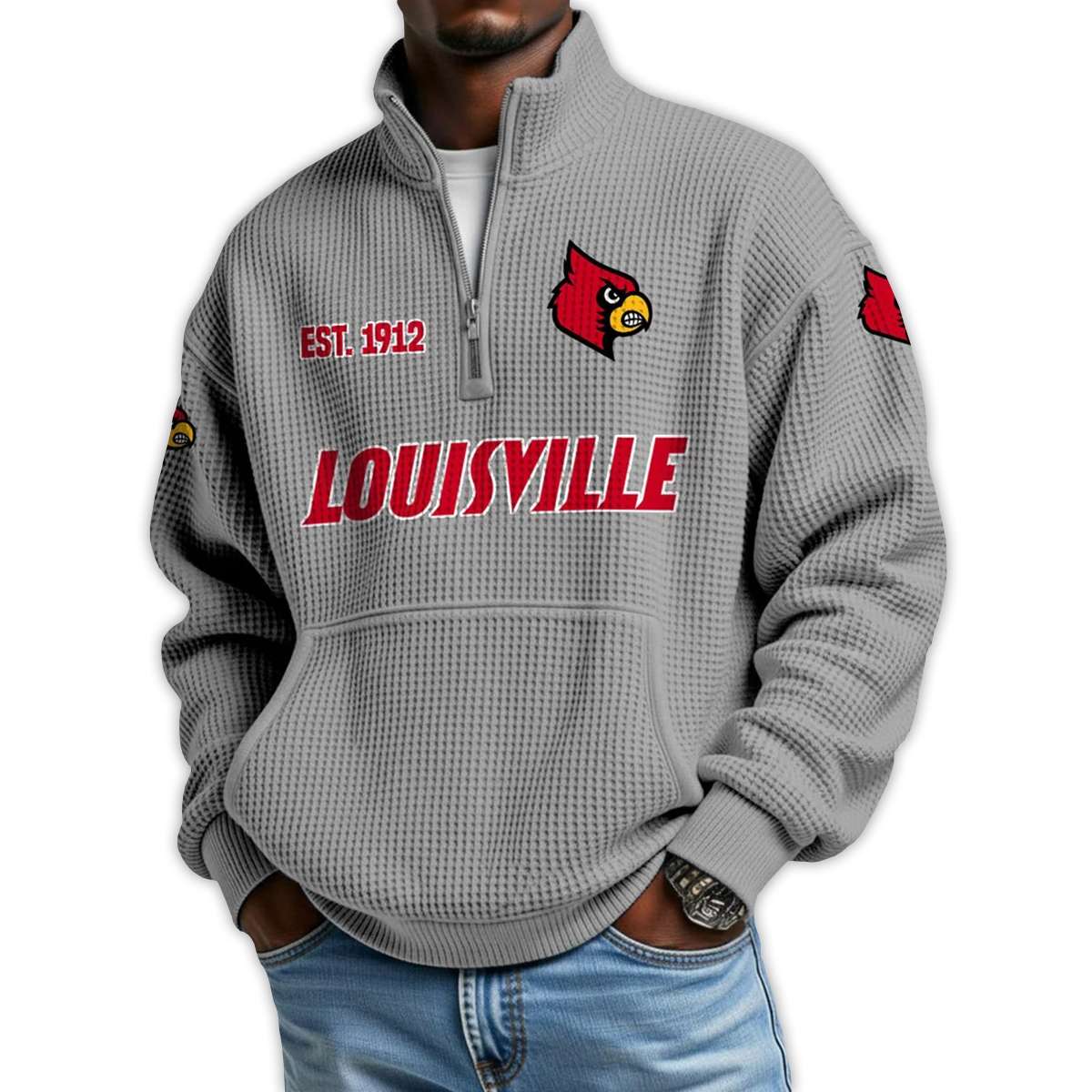 Louisville Football Est 1912 Waffle Stand Collar Half Zip Sweatshirt Louisville Football Est 1912 Waffle Stand Collar Half Zip Sweatshirt