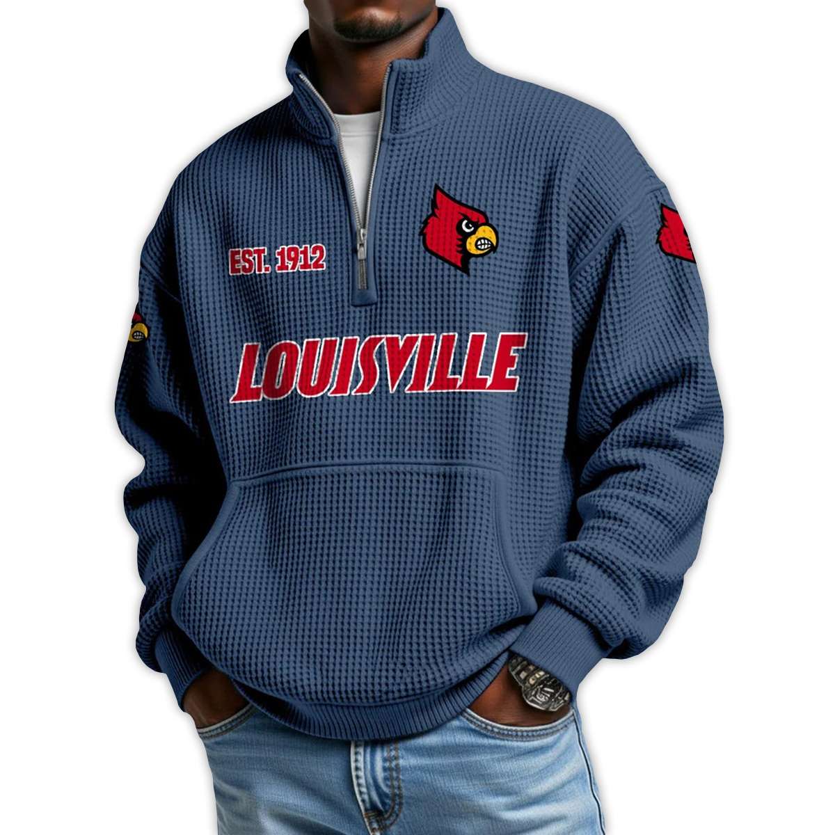 Louisville Football Est 1912 Waffle Stand Collar Half Zip Sweatshirt Louisville Football Est 1912 Waffle Stand Collar Half Zip Sweatshirt