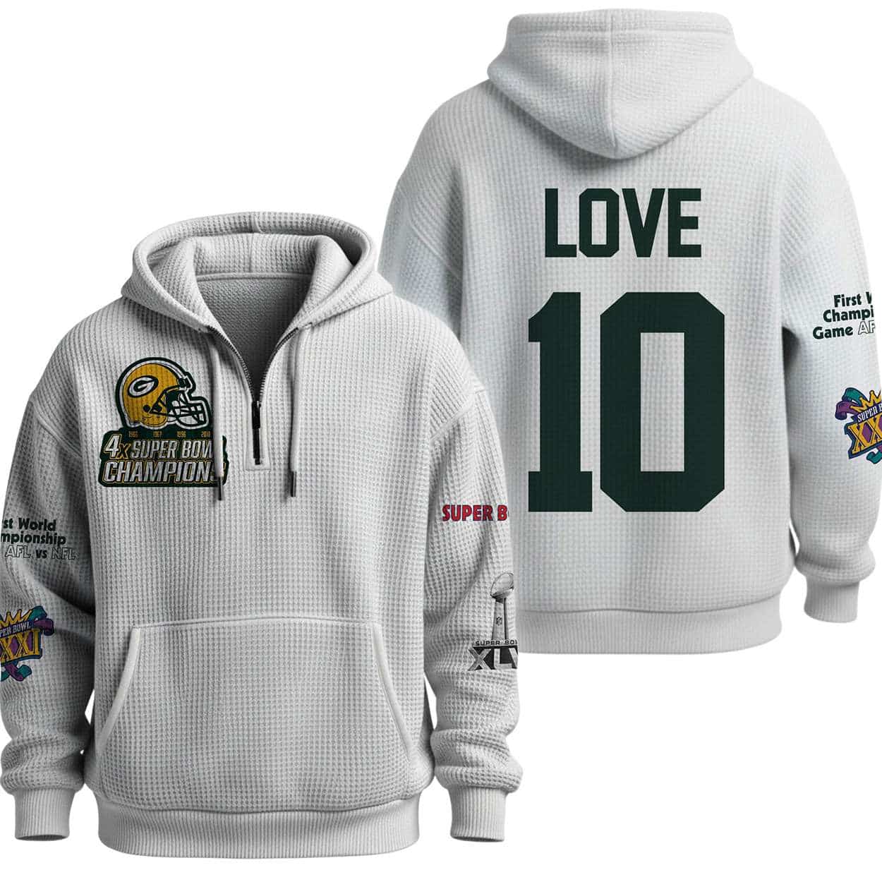 Love 10 Packers 4X SBowl Champions Quarter Zip Waffle Hoodie Love 10 Packers 4X SBowl Champions Quarter Zip Waffle Hoodie