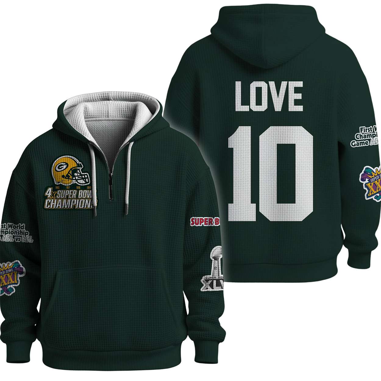 Love 10 Packers 4X SBowl Champions Quarter Zip Waffle Hoodie Love 10 Packers 4X SBowl Champions Quarter Zip Waffle Hoodie