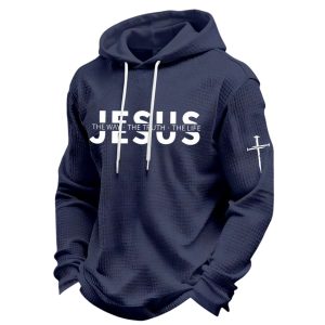 Mens Jesus The Way The Truth The Life John 14 6 Christian Cross Printed Waffle Hoodie3