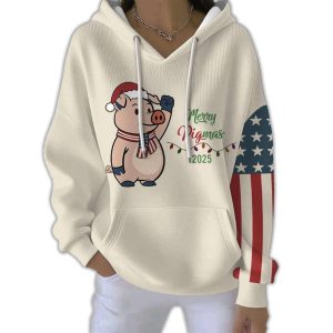 Womens Merry Pigmas 2025 Cute Pig Print Pit Striped Hoodie