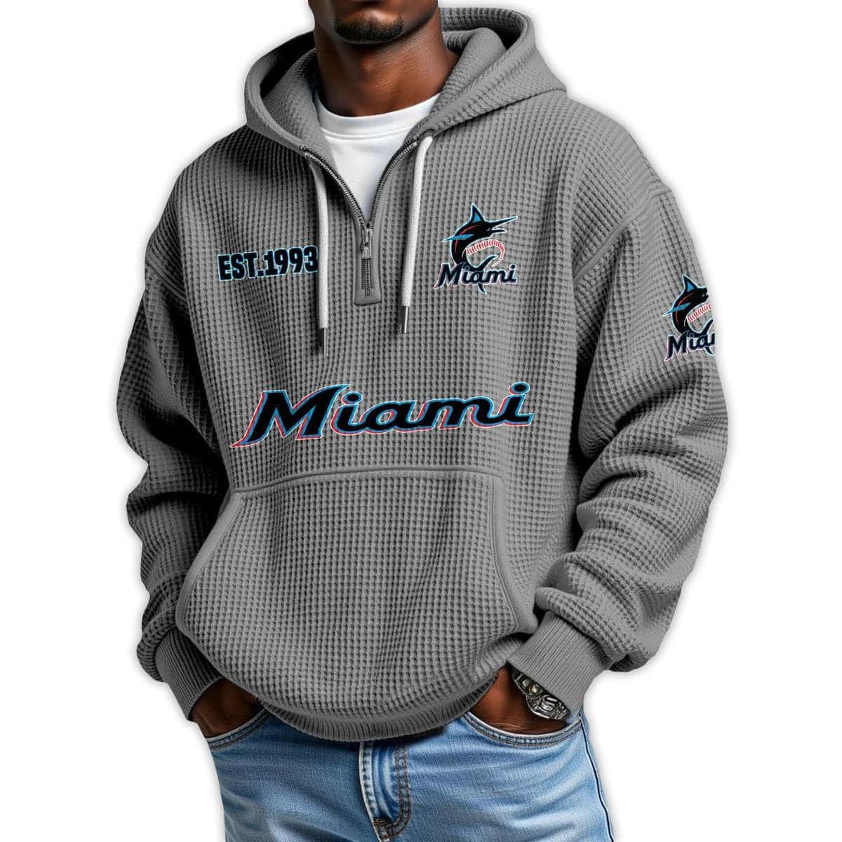 Marlins Est 1993 Quarter Zip Waffle Hoodie Marlins Est 1993 Quarter Zip Waffle Hoodie