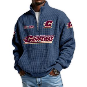 Chippewas Football Est 1896 Waffle Stand Collar Half Zip Sweatshirt3