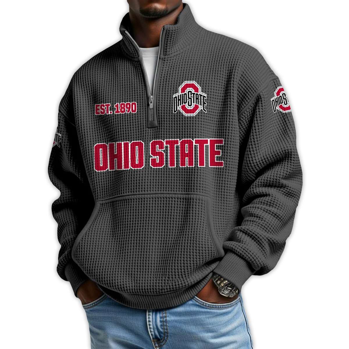 Ohio State Football Est 1890 Waffle Stand Collar Half Zip Sweatshirt Ohio State Football Est 1890 Waffle Stand Collar Half Zip Sweatshirt