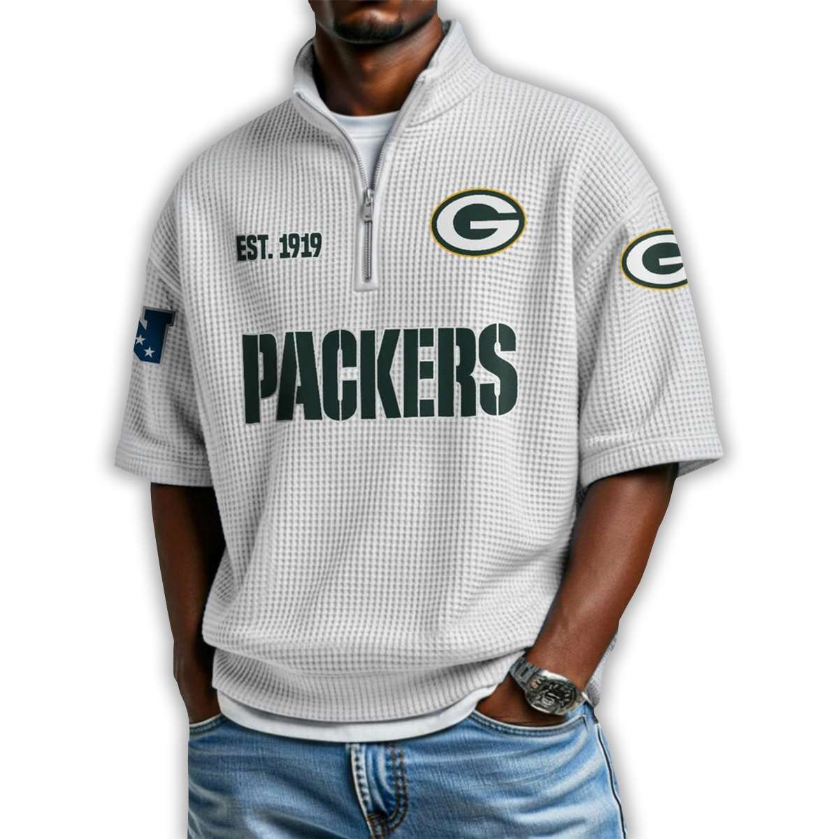 Packers Est 1919 Waffle Stand Collar Half Zip Polo Shirt Packers Est 1919 Waffle Stand Collar Half Zip Polo Shirt