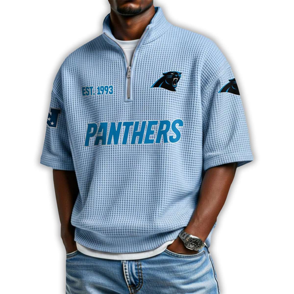 Panthers Est 1993 Waffle Stand Collar Half Zip Polo Shirt Panthers Est 1993 Waffle Stand Collar Half Zip Polo Shirt