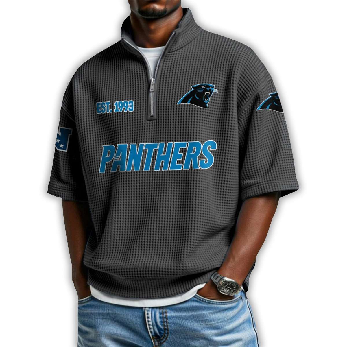 Panthers Est 1993 Waffle Stand Collar Half Zip Polo Shirt Panthers Est 1993 Waffle Stand Collar Half Zip Polo Shirt