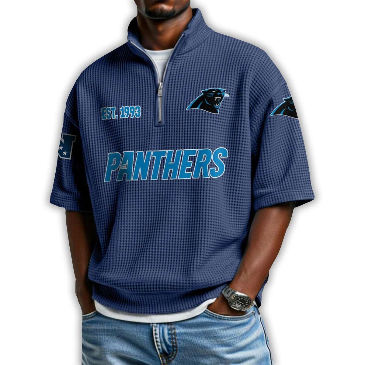 Panthers Est 1993 Waffle Stand Collar Half Zip Polo Shirt Panthers Est 1993 Waffle Stand Collar Half Zip Polo Shirt