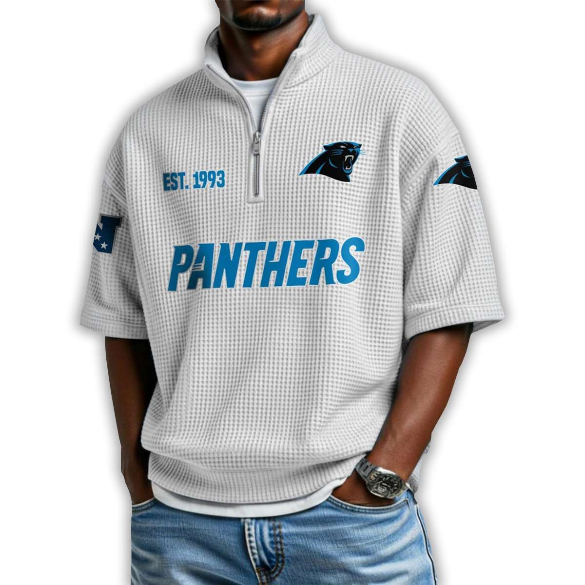 Panthers Est 1993 Waffle Stand Collar Half Zip Polo Shirt Panthers Est 1993 Waffle Stand Collar Half Zip Polo Shirt