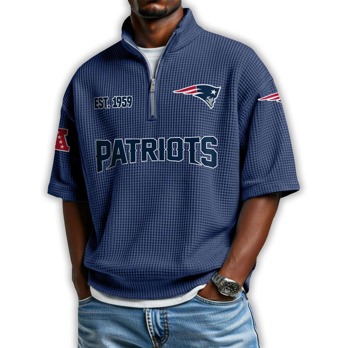 Patriots Est 1959 Waffle Stand Collar Half Zip Polo Shirt Patriots Est 1959 Waffle Stand Collar Half Zip Polo Shirt