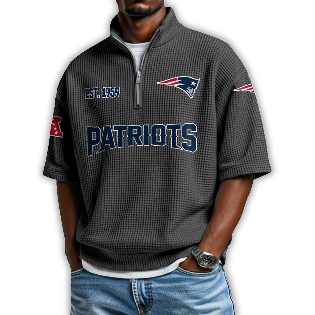 Patriots Est 1959 Waffle Stand Collar Half Zip Polo Shirt Patriots Est 1959 Waffle Stand Collar Half Zip Polo Shirt